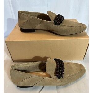 Zara Womens Tan Suede Leather Slip On Flats Shoes Beaded Accents Size 6.5